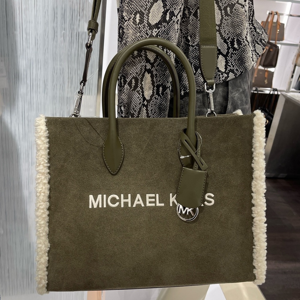 MICHAEL KORS Mirella Medium Suede and Faux Shearling Tote Bag
Olive 
NWT - Picture 7 of 16